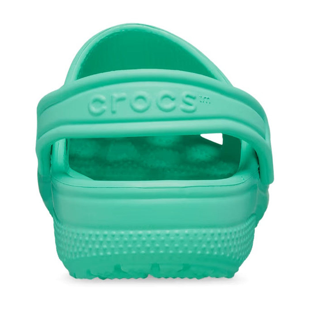 A close-up rear view of a Crocs Kids Toddlers - Classic Clog in Lagoon Green, showing the textured heel strap with embossed CROCS logo. The toddler-sized shoe is displayed against a plain white background., 41743, 196265860203, 196265860210, 196265860227,