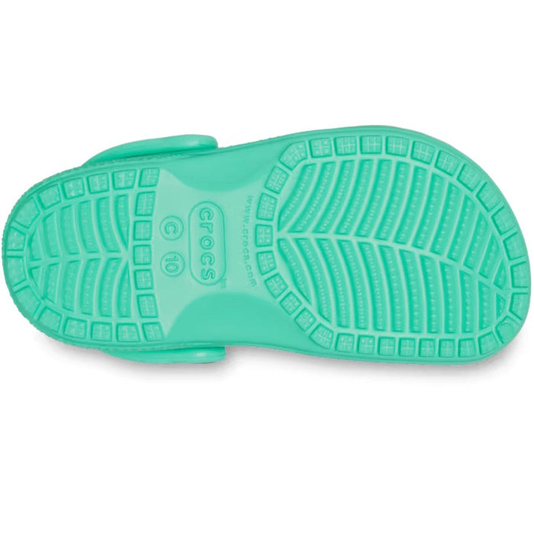 A Crocs Kids Toddlers Classic Clog in Lagoon Green, shown from the bottom with textured tread patterns and molded size markings on the sole., 41743, 196265860203, 196265860210, 196265860227, 196265860234, 196265860173
