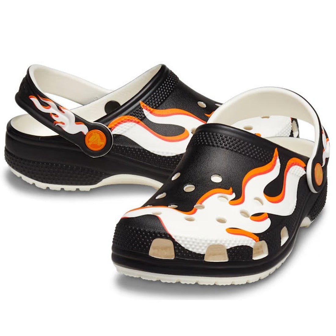 Crocs Kids - Youths Classic Clog K Glow Flames Sandals are black slip-ons with bold flame prints, comfy soles, and secure heel straps.  ksnz