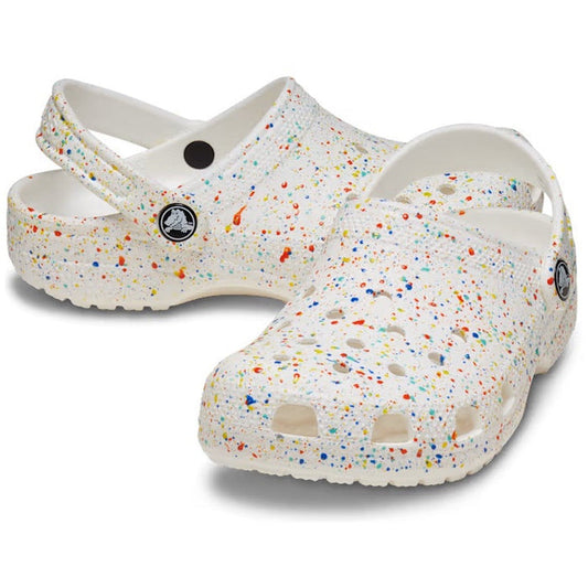 Crocs Kids - Youths Classic Clog K Paint Splatter Print White Multi Sandal with bright splashes, secure heel straps, and comfy sole.  ksnz