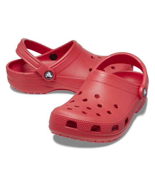 a pair of red classic clog crocs showing the front and sides of the clogs
