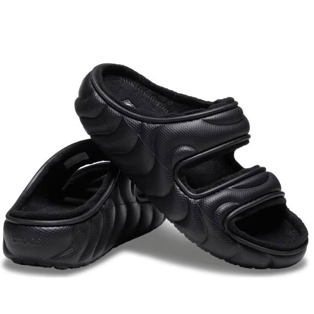 Crocs Classic Cozzzy Overpuff Puffer Sandal Slides in black have cozy foam soles and two comfy, wide straps—fun for all ages.  ksnz
