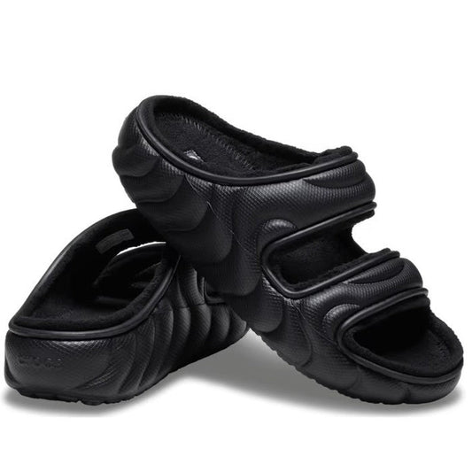 Crocs Classic Cozzzy Overpuff Puffer Sandal Slides in black have cozy foam soles and two comfy, wide straps—fun for all ages.  ksnz