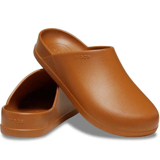 Crocs Dylan Clog Cognac Leather Look Mules—cozy closed-toe slip-ons with cushioned soles and easy backless design for busy families.  ksnz