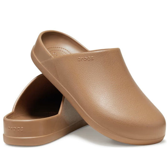 Crocs Dylan Clog Tan Sepia Mules—comfortable, slip-on shoes for the whole family, with soft soles and closed, rounded toes.  ksnz