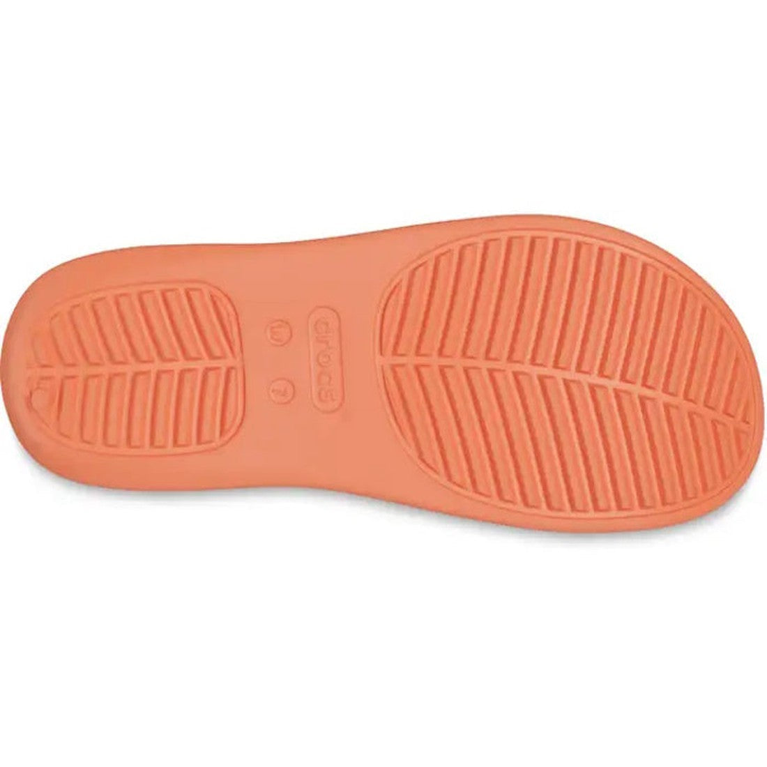 The image displays the orange sole of the Crocs - Womens Getaway Strappy Flip Flop Sandal Sunkissed Orange, featuring a textured tread with diagonal lines for grip, a central Crocs logo, and Free Feel Technology for added comfort., 35861, 35862, 196265614
