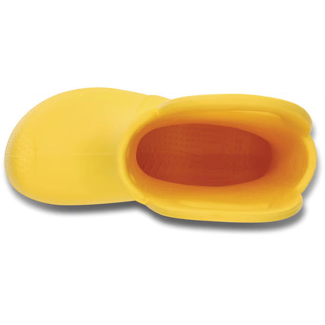 Top view of the Crocs Kids - Handle It Rain Boot Yellow - Gumboots with an open shaft, highlighting the orange waterproof interior and rounded toe., 883503861213, 883503861220, 883503861237, 883503861244, 883503861251, 883503861268, 883503861275, 88350386
