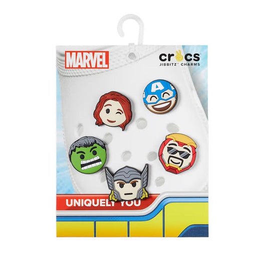 The Crocs Jibbitz 5 Pack - Avengers Emojis offers fun Marvel charms for white slip-on clogs with comfy soles and easy heel strap.  ksnz