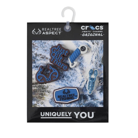 A 5-pack of Crocs Jibbitz featuring Realtree Aspect fishing-themed designs—fishing rod, fish hook, crab, logo, and more—perfect for decorating your Crocs with a unique angler style.
