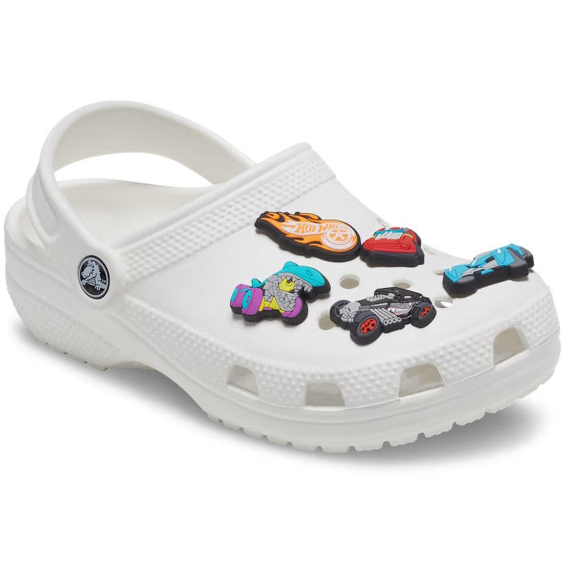 Decorate your Crocs with the Crocs Jibbitz 5 Pack - Hot Wheels Cars, featuring colorful car-themed charms including Hot Wheels and cartoon cars—perfect for driving enthusiasts seeking a fun automotive touch., 196265356928