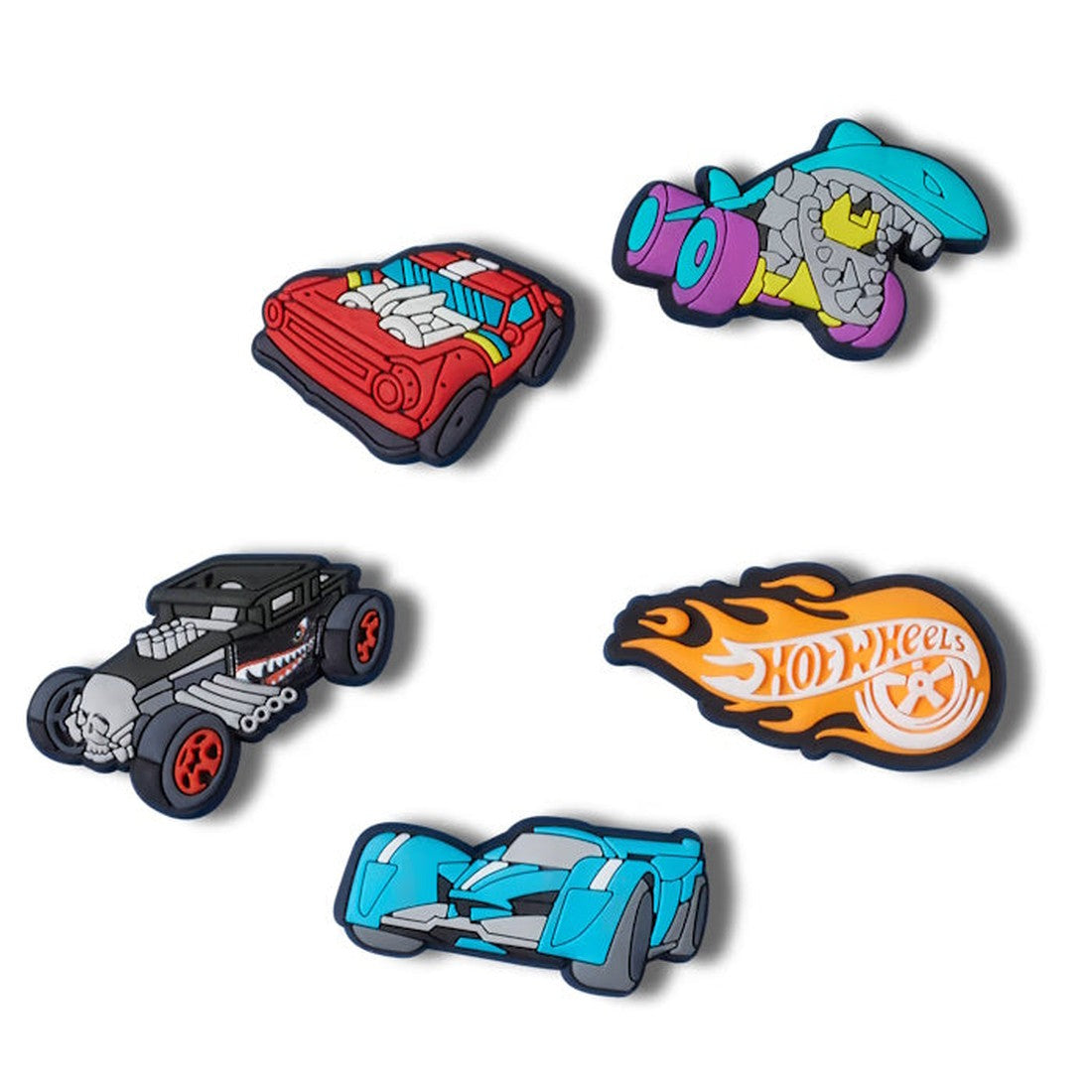 The Crocs Jibbitz 5 Pack - Hot Wheels Cars features four vibrant toy car charms and an orange flame-shaped Hot Wheels logo, perfect for customizing Crocs shoes—ideal for any driving fan. All items are displayed on a white background., 196265356928