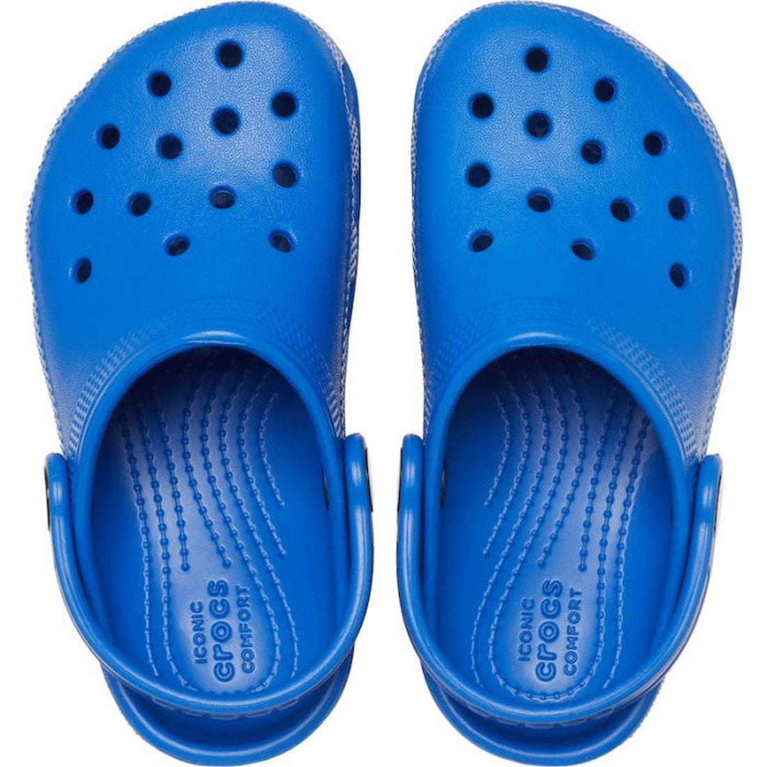 A pair of Crocs Kids - Classic Clog Blue Bolt in junior youths sizes features bright blue color, ventilation holes, heel straps, and ICONIC Crocs COMFORT textured insoles—perfect water-friendly sandals for kids., 196265146383, 196265146390, 196265146406, 