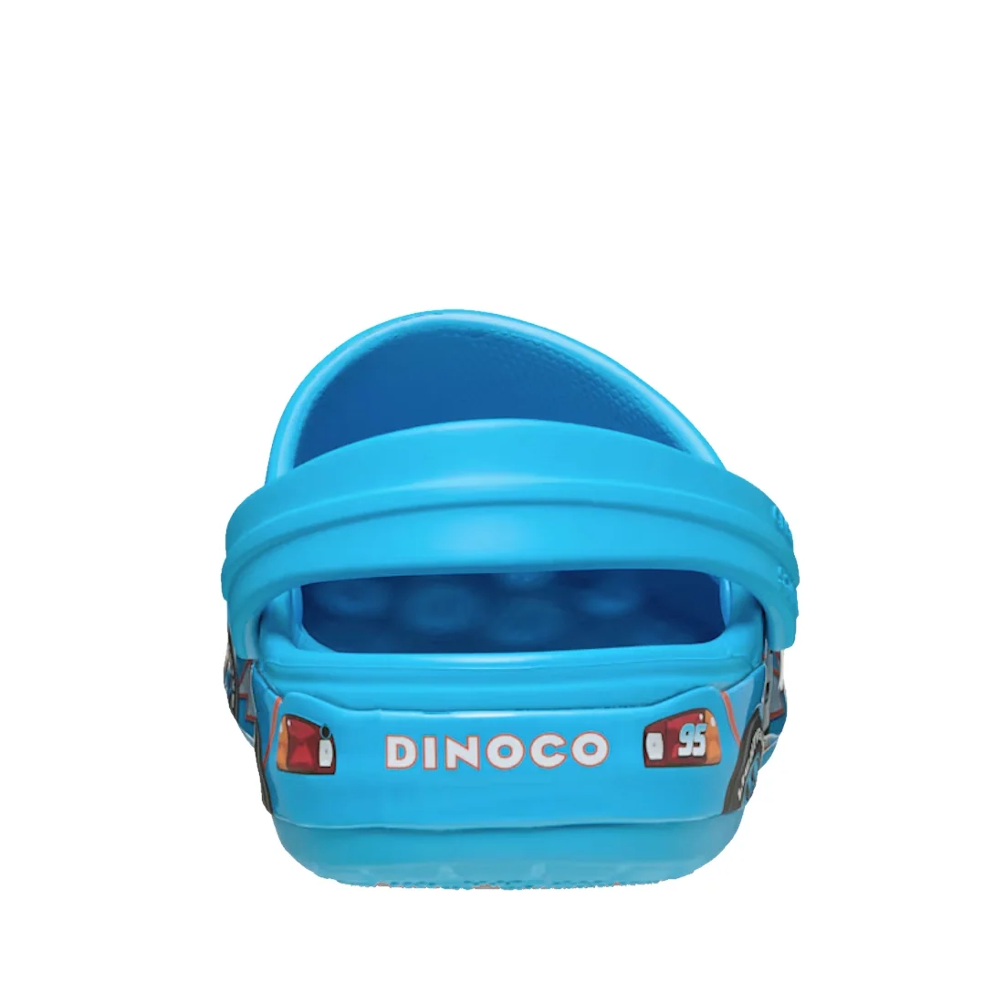 Back view of Crocs Kids Classic Clogs Lightning McQueen Dinoco Blue, featuring a vibrant blue color, a red car design with the number 95 inspired by Disney Pixar’s Cars, and an uplifted strap reminiscent of Lightning McQueen., 198445511516, 198445511523, 