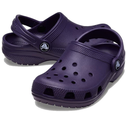 Crocs Kids - Toddlers Classic Clog in Dark Iris Purple, with grippy sole, soft foam cushion, breathable holes, and secure back strap.  ksnz