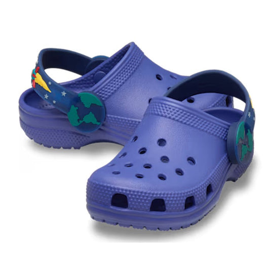 Crocs Kids Toddlers Clog C Imagination Lights Backstrap in Sapphire Blue Rockets, with light-up rockets, grippy sole, and easy backstrap.  ksnz