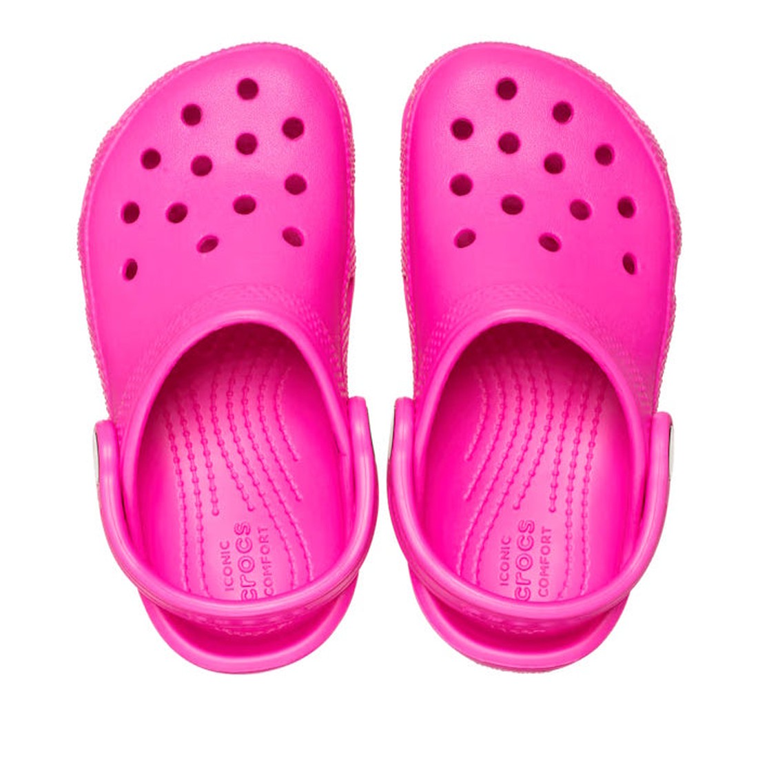 A pair of Crocs Kids - Classic Clog K Bright Pink Crush Toddlers made from Croslite with ventilation holes and a heel strap, shown from above on a white background., 196265800650, 196265800667, 196265800674, 196265800681, 196265800698, 196265800704, 19626
