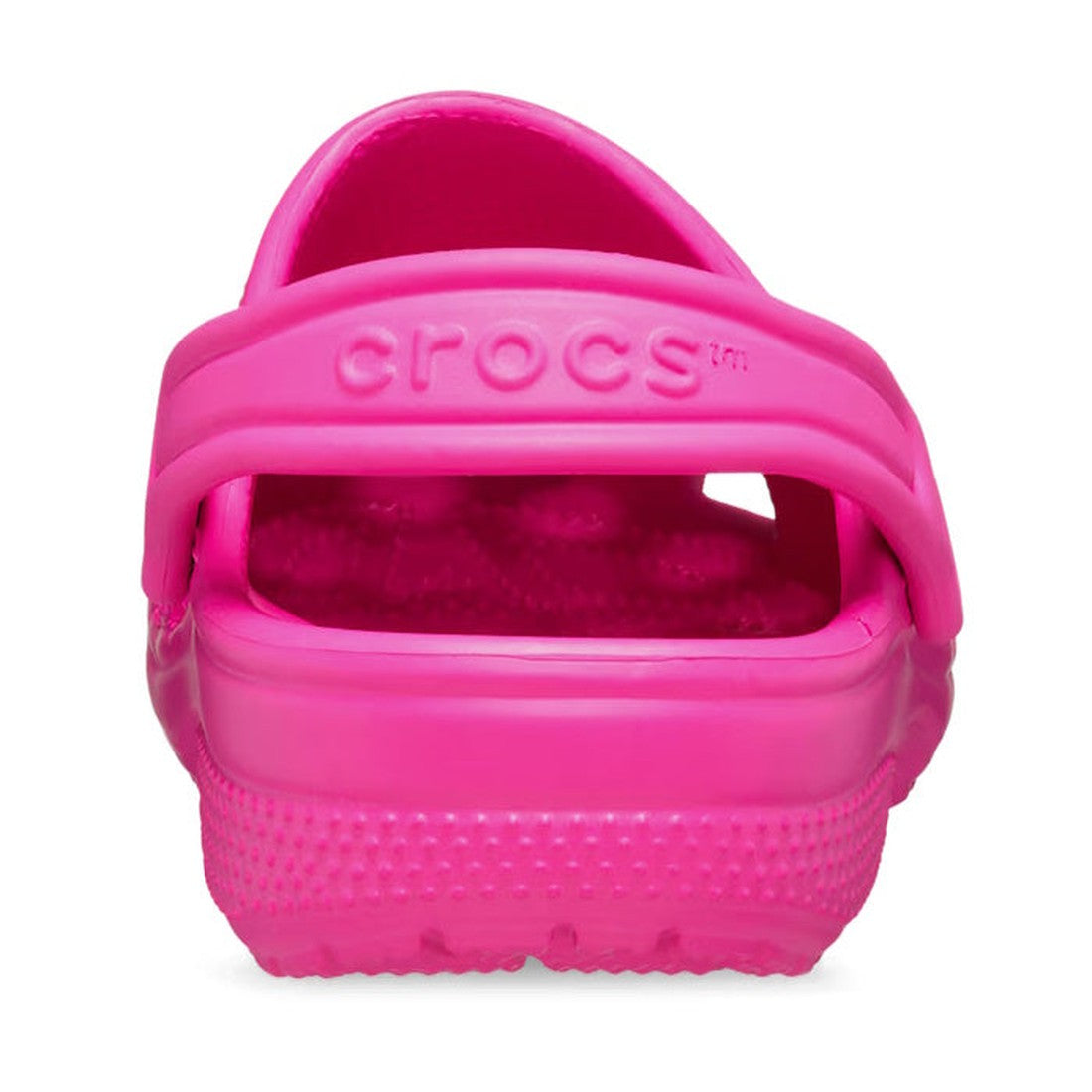 The Crocs Kids - Classic Clog K Bright Pink Crush Toddlers is shown from the back, with a logo heel strap and textured sole made of durable Croslite material., 196265800650, 196265800667, 196265800674, 196265800681, 196265800698, 196265800704, 19626580071