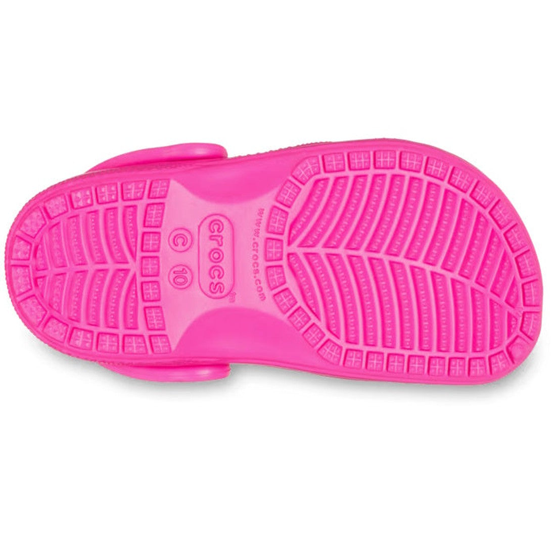 The image displays the sole of the Crocs Kids - Classic Clog K Bright Pink Crush Toddlers, featuring a textured Croslite tread, size marking C10, and molded branding and sizing details on the bright pink sole., 196265800650, 196265800667, 196265800674, 19