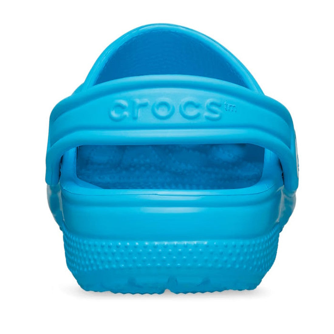 A close-up rear view of the Crocs Kids Classic Clog in Venetian Blue (Junior Youths Sizes), highlighting the water-friendly heel strap embossed with the CROCS logo., 196265746941, 196265746958, 196265746965, 196265746972, 196265746989, 196265746927, 19626