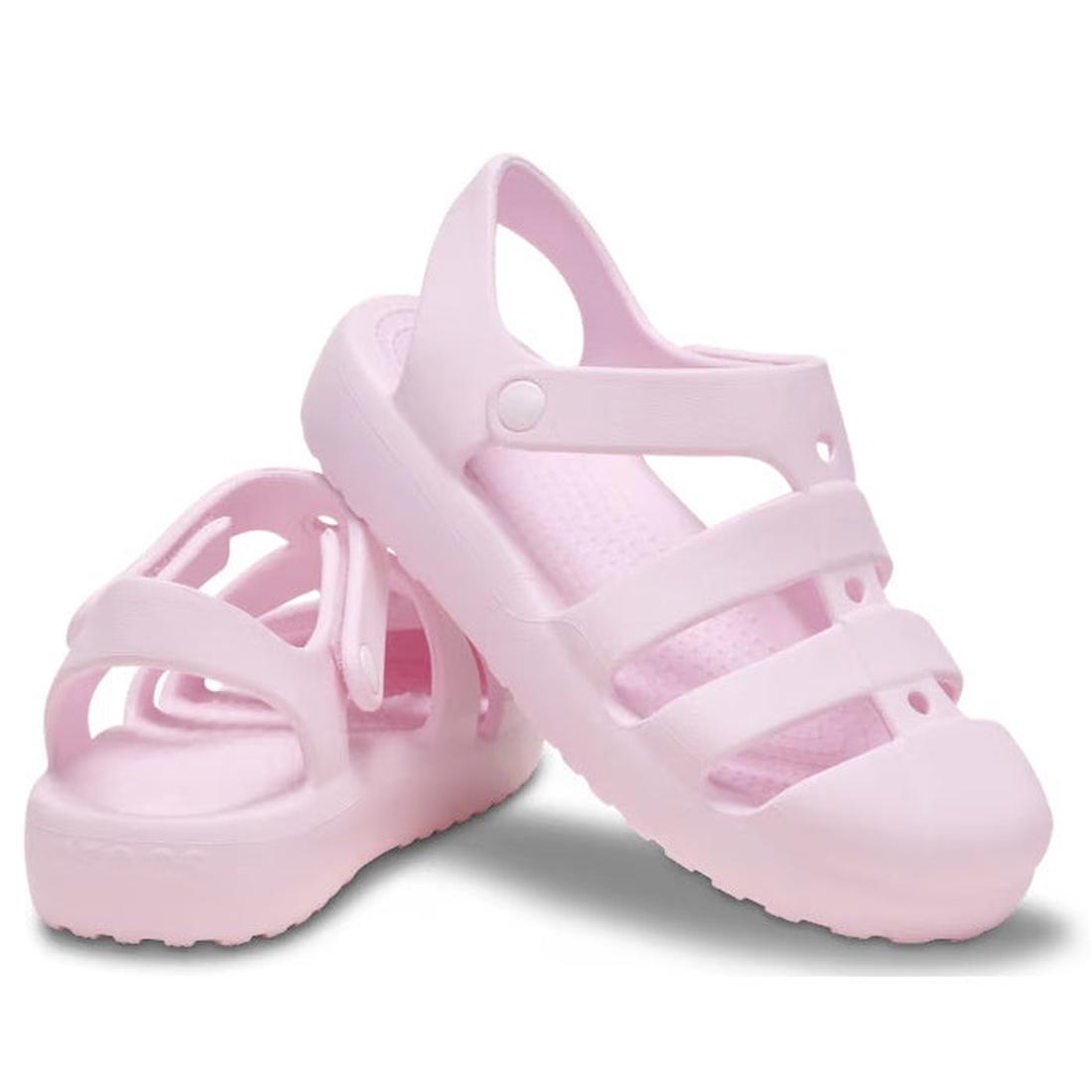 Crocs Kids Classic Fisherman Sandals in Pink Milk for juniors, with cozy closed toes, adjustable ankle straps, and slip-resistant soles.  ksnz