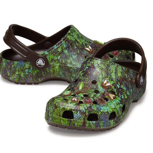Crocs Kids Classic BUGS Clog in brown and green, with a forest print, comfy sole, easy slip-on strap, and fun bug Jibbitz charms.  ksnz