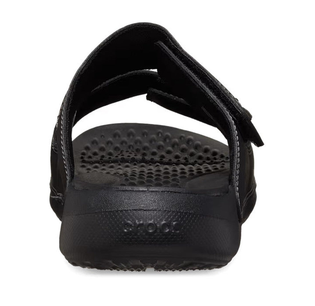 A rear view of the Crocs Men’s Yukon Vista II LR Sandals Slide in black, featuring a textured footbed, adjustable strap, and "Crocs" branding embossed on the heel., 39529, 196265596195, 196265596201, 196265596140, 196265596157, 196265596164, 196265596171