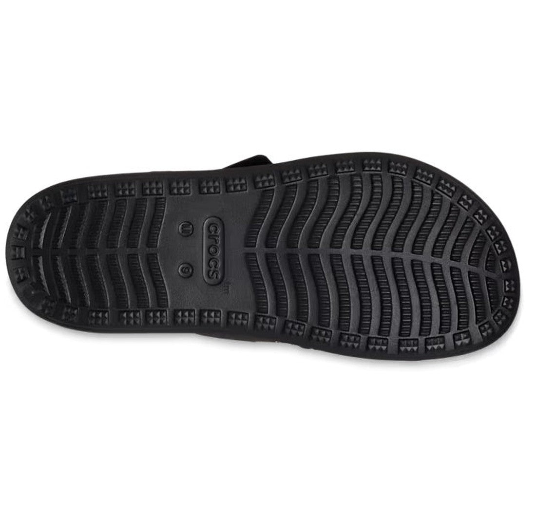 The image displays the black sole of Crocs - Mens Yukon Vista II LR Sandals Slide Black, with a textured grip pattern and CROCS embossed at the center—ideal for men seeking durable outdoor sandals., 39529, 196265596195, 196265596201, 196265596140, 1962655