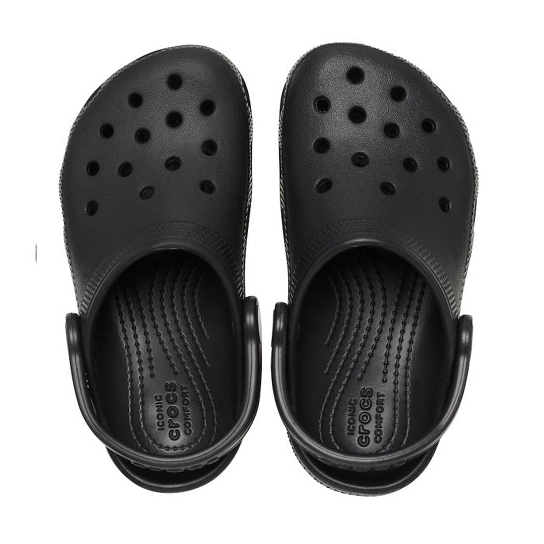 The Crocs Kids - Toddlers Classic Clog K Black Sandal features ventilation holes, an adjustable heel strap, and a textured insole—water-friendly and ideal for everyday wear. Shown from above on a white background., 191448732858, 191448732865, 191448732872