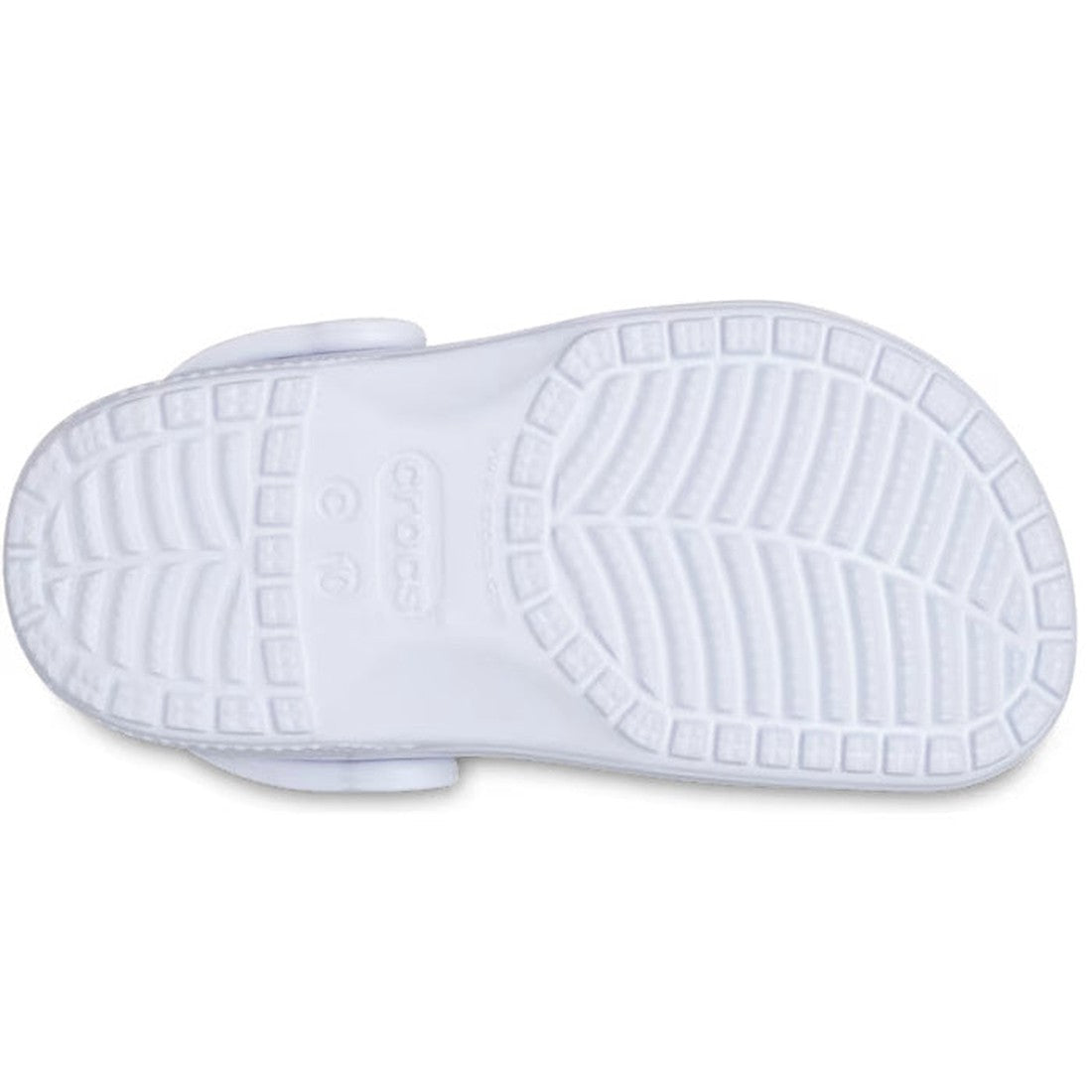 The image shows the sole of a Crocs Kids - Classic Clog Dreamscape Purple (Toddlers Sizes) with textured tread for grip, a water-friendly design, and the Crocs logo in the center—perfect for toddlers., 196265549368, 196265549375, 196265549382, 19626554939