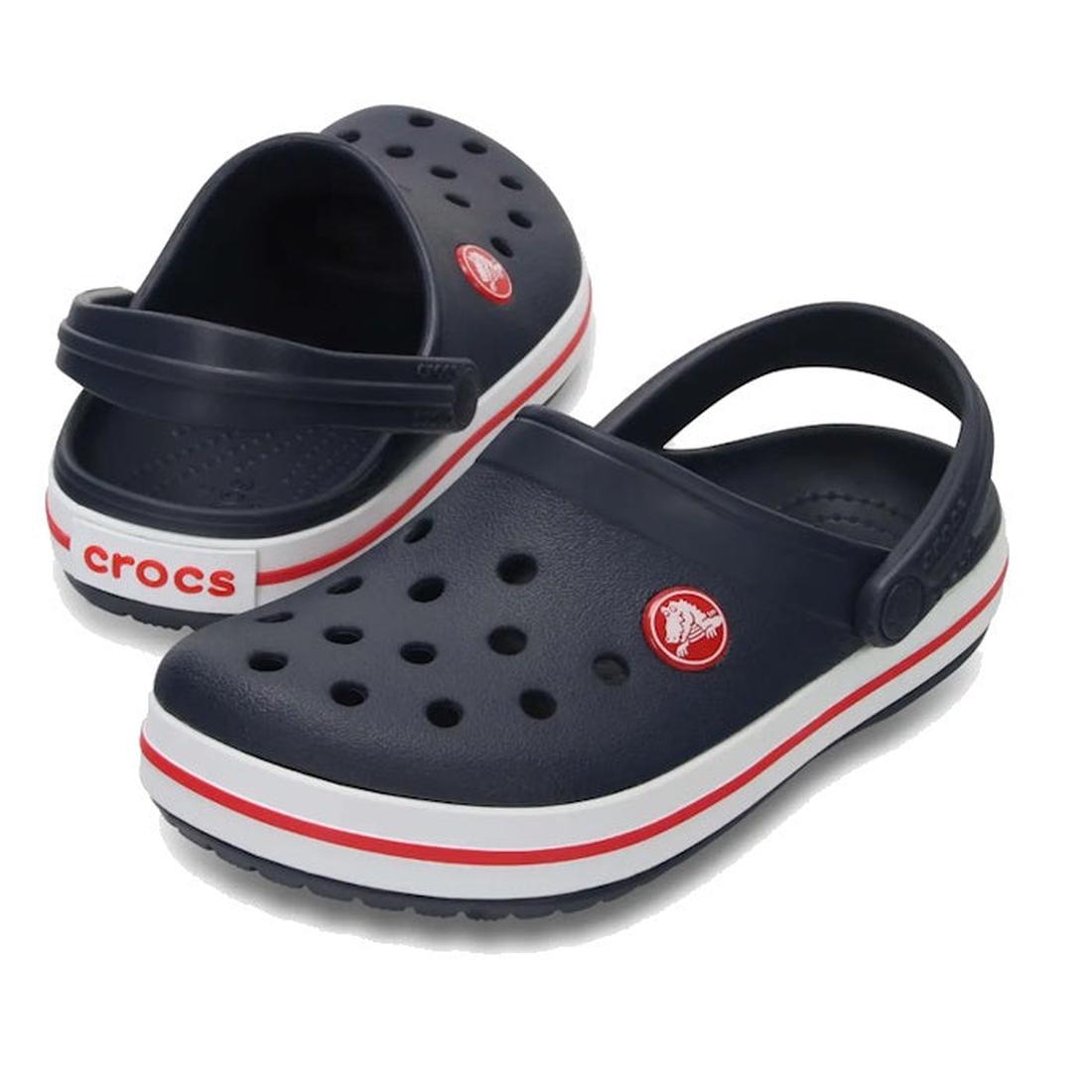 The Crocs Kids Toddlers Crocband Clogs Navy Red feature ventilation holes, white and red accents, a Crocs logo, and adjustable heel straps for lightweight comfort—perfect favorites for kids.