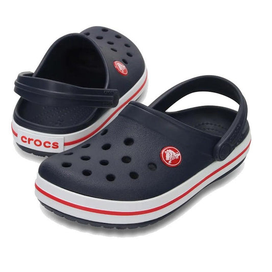 The Crocs Kids Toddlers Crocband Clogs Navy Red feature ventilation holes, white and red accents, a Crocs logo, and adjustable heel straps for lightweight comfort—perfect favorites for kids.