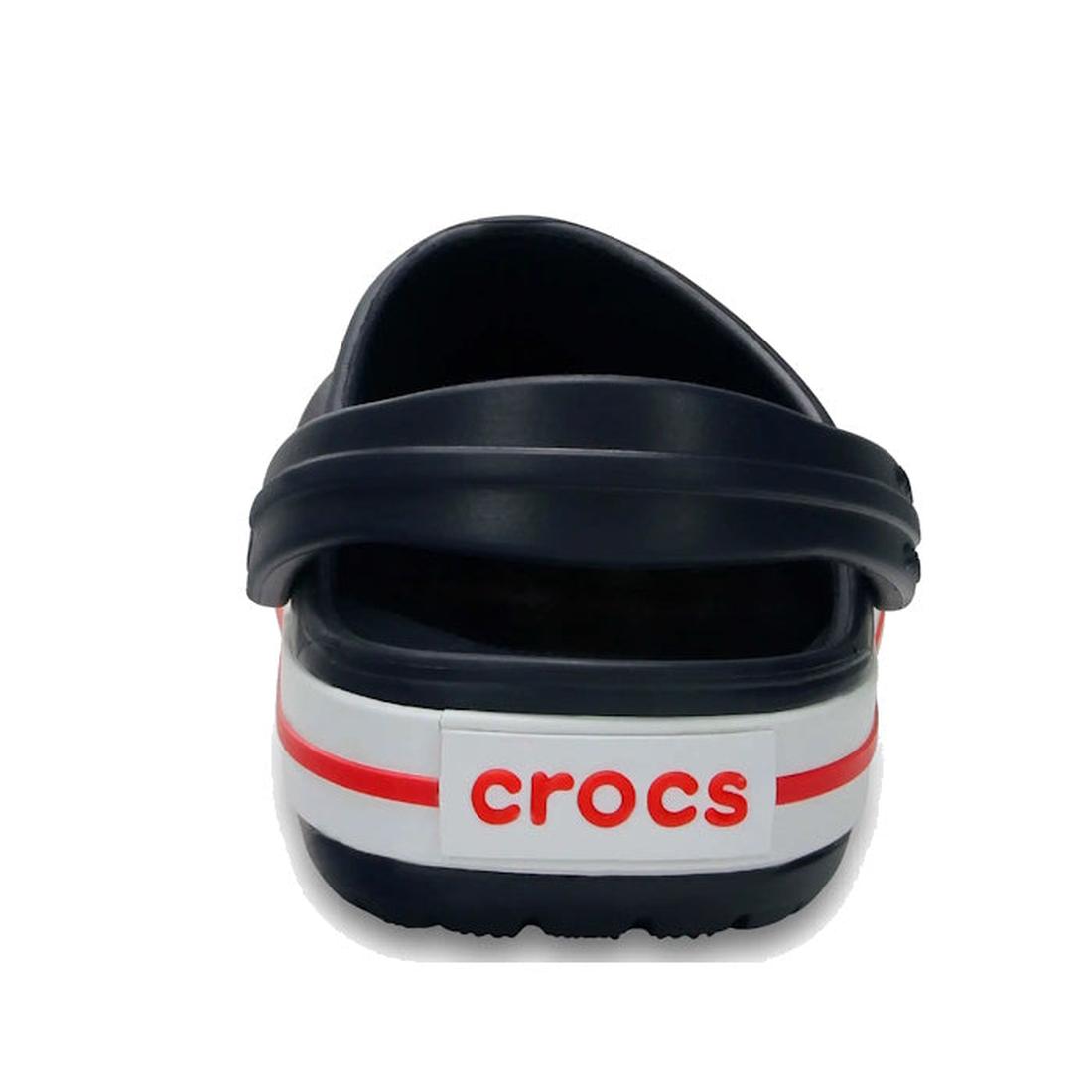 The Crocs Kids Toddlers Crocband Clogs Navy Red feature a navy blue design with a red and white stripe, plus "crocs" in red on the white heel strap, offering lightweight comfort for kids., 50140, 191448738225, 191448738232, 191448738249, 191448738188