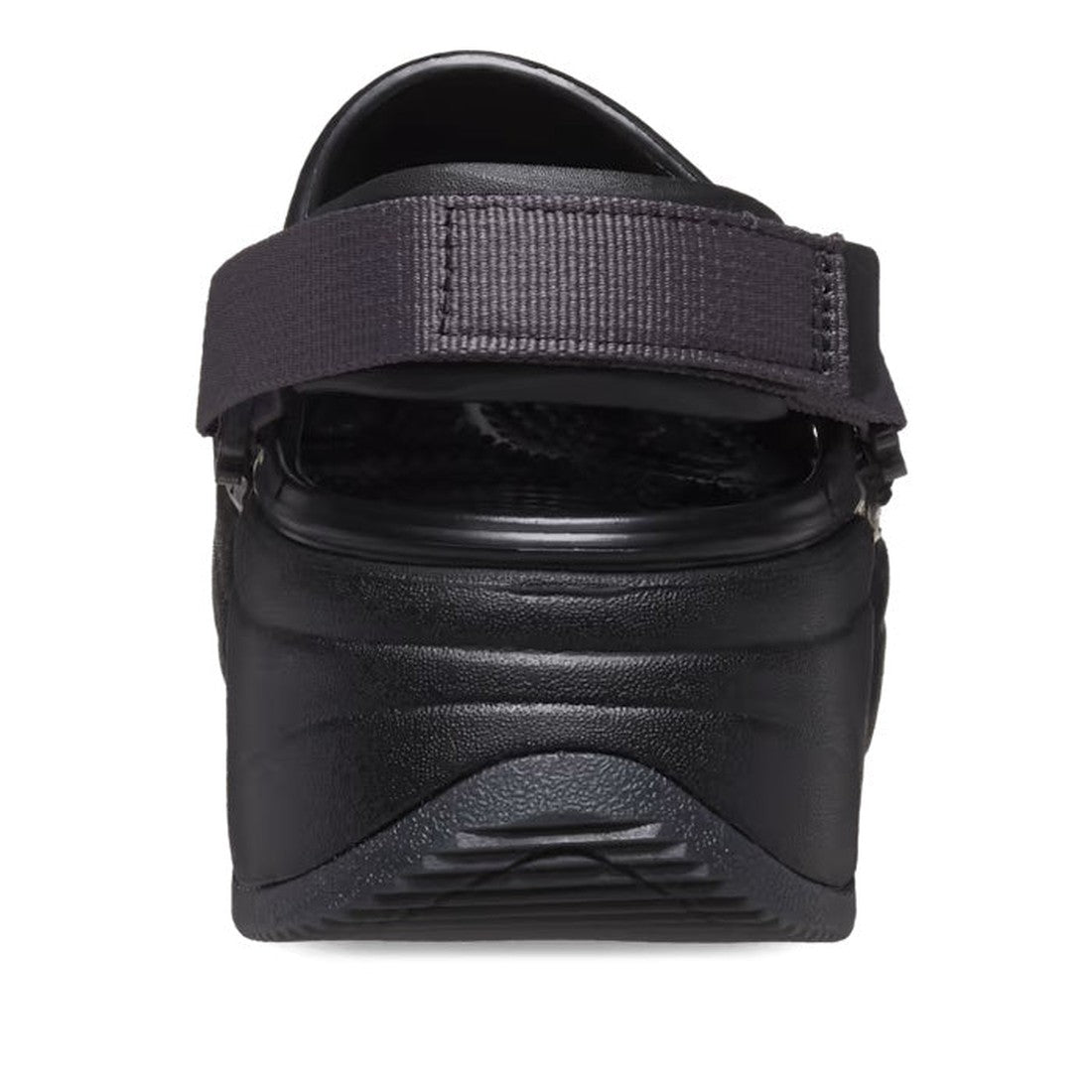 Rear view of the Crocs Hiker Xscape Clog Adults Black Platform, featuring a textured chunky sole and an adjustable black back strap for style and comfort, echoing classic black Crocs., 35209, 196265351015, 196265351022, 196265351039, 196265351046, 1962653