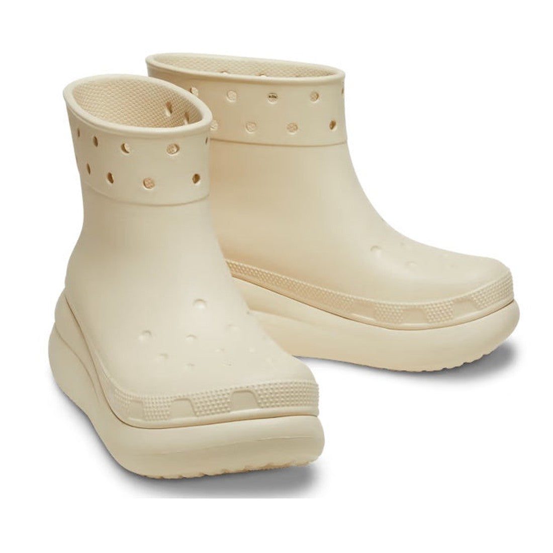 Crocs Classic Crush Women's Rain Boots in Bone—a comfy beige rain boot with easy slip-on style, vent holes, and sturdy platform sole.  ksnz