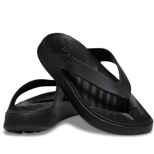 Crocs Women's Getaway Strappy Flip Flop Sandal in black, with comfy cushioned soles and easy slip-on straps, perfect for busy families.  ksnz