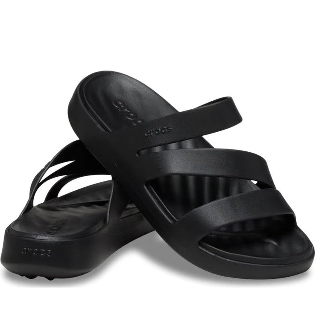 Crocs Womens Getaway Strappy Slide Sandal in black, with comfy sole and open-toe, shown stacked to highlight easy slip-on style.  ksnz