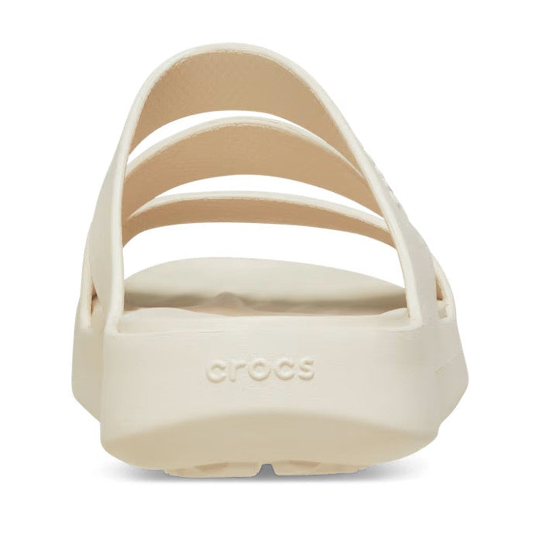 A close-up rear view of the Crocs - Womens Getaway Strappy Slide Sandal Stucco Bone, showing three horizontal straps and the embossed crocs logo on the heel with Free Feel Technology, set against a plain white background., 39578, 196265540792, 19626554080