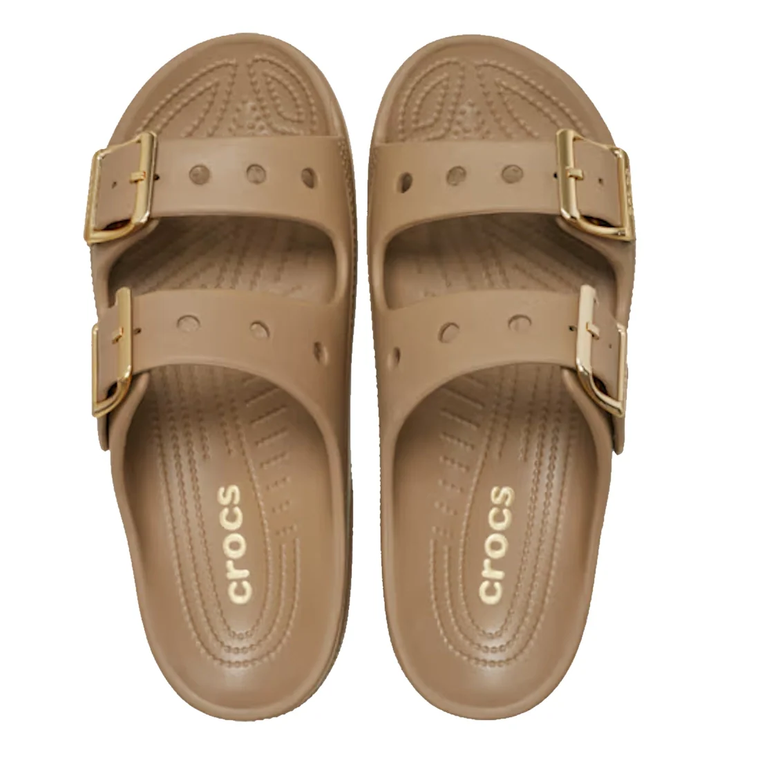 Crocs Womens Classic Metallic Buckle Saturday Sandal Slide Sepia
