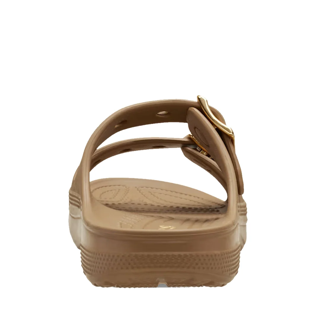 The Crocs Womens Classic Metallic Buckle Saturday Sandal Slide in Sepia is a tan women’s sandal viewed from the back, featuring a thick sole and textured insole for signature Crocs comfort. The design highlights two straps with gold metallic buckle detail
