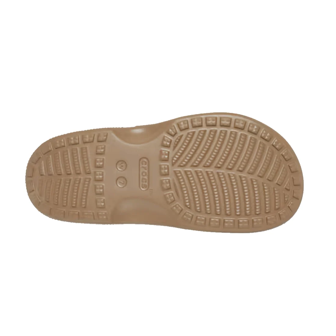 Beige rubber sole of the Crocs Womens Classic Metallic Buckle Saturday Sandal Slide Sepia, featuring textured grip patterns and two circular indentations near the center, with “CROCS” displayed in the middle. Designed for signature Crocs comfort, this dur