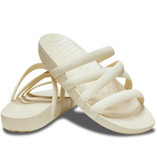 Crocs Womens Splash Strappy Slide Sandal in Bone, with comfy Croslite soles and easy slip-on design, shown with straps and stacked.  ksnz
