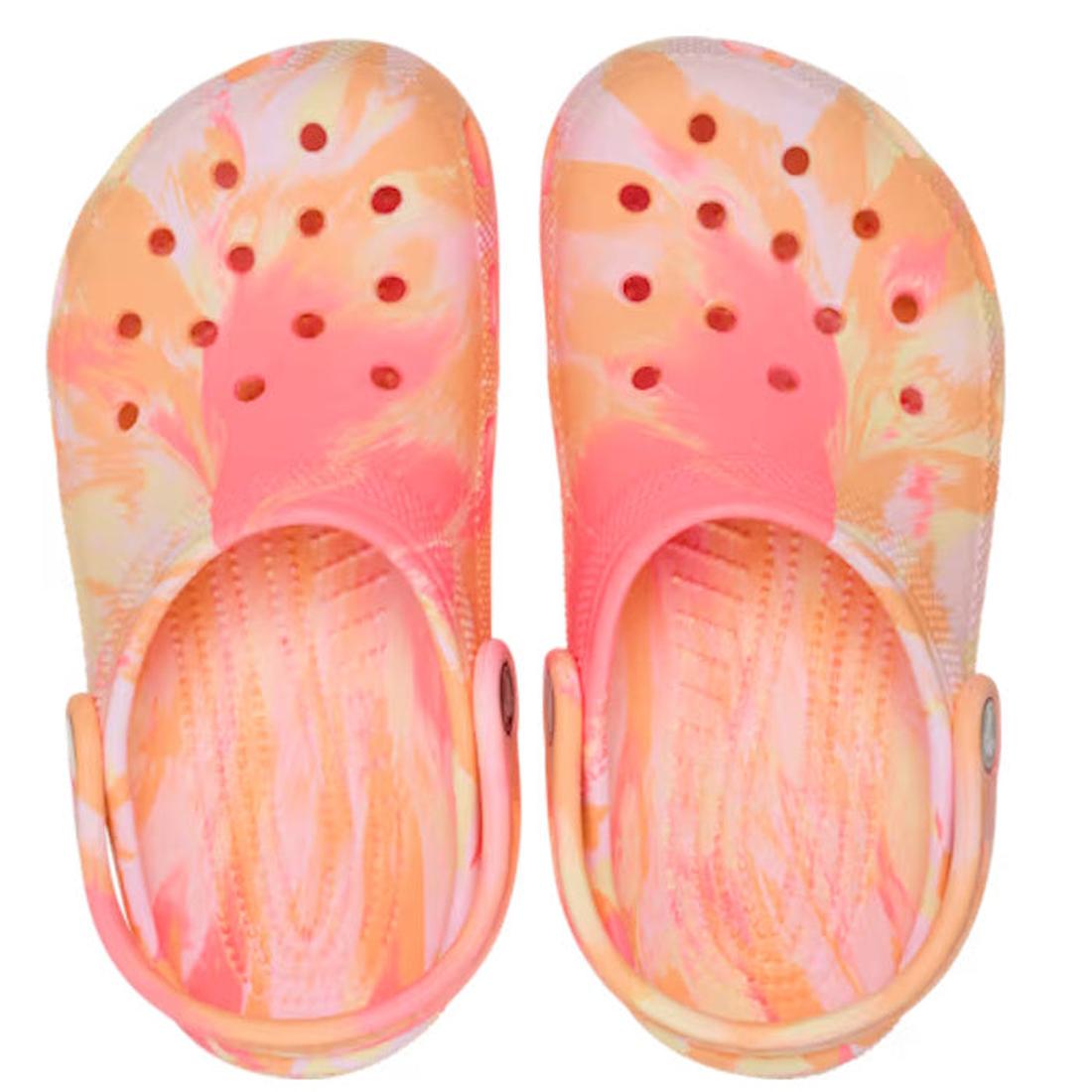 The Crocs Kids - Marbled Clog Sandal Guava Pink Multi Youths features ventilation holes, a pink, orange, and yellow marbled tie-dye look, plus adjustable heel straps for comfort. Inspired by the Classic clog., 198445354540, 198445354557, 198445354564, 198