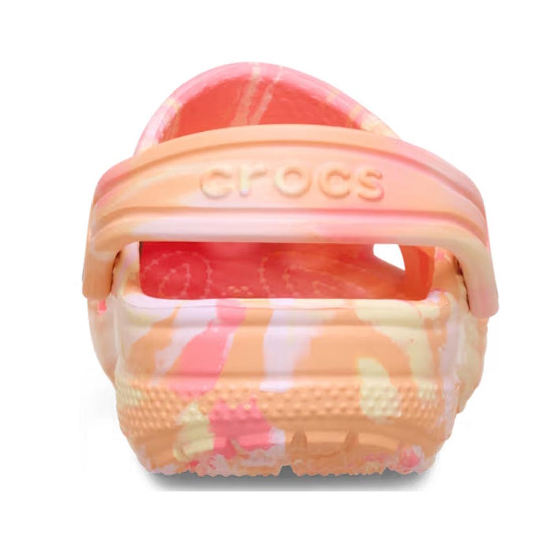 A back view of the Crocs Kids - Marbled Clog Sandal Guava Pink Multi Youths displays a vibrant marbled pink and orange tie-dye pattern with the Crocs logo embossed on the heel strap., 198445354540, 198445354557, 198445354564, 198445354571, 198445354588, 1