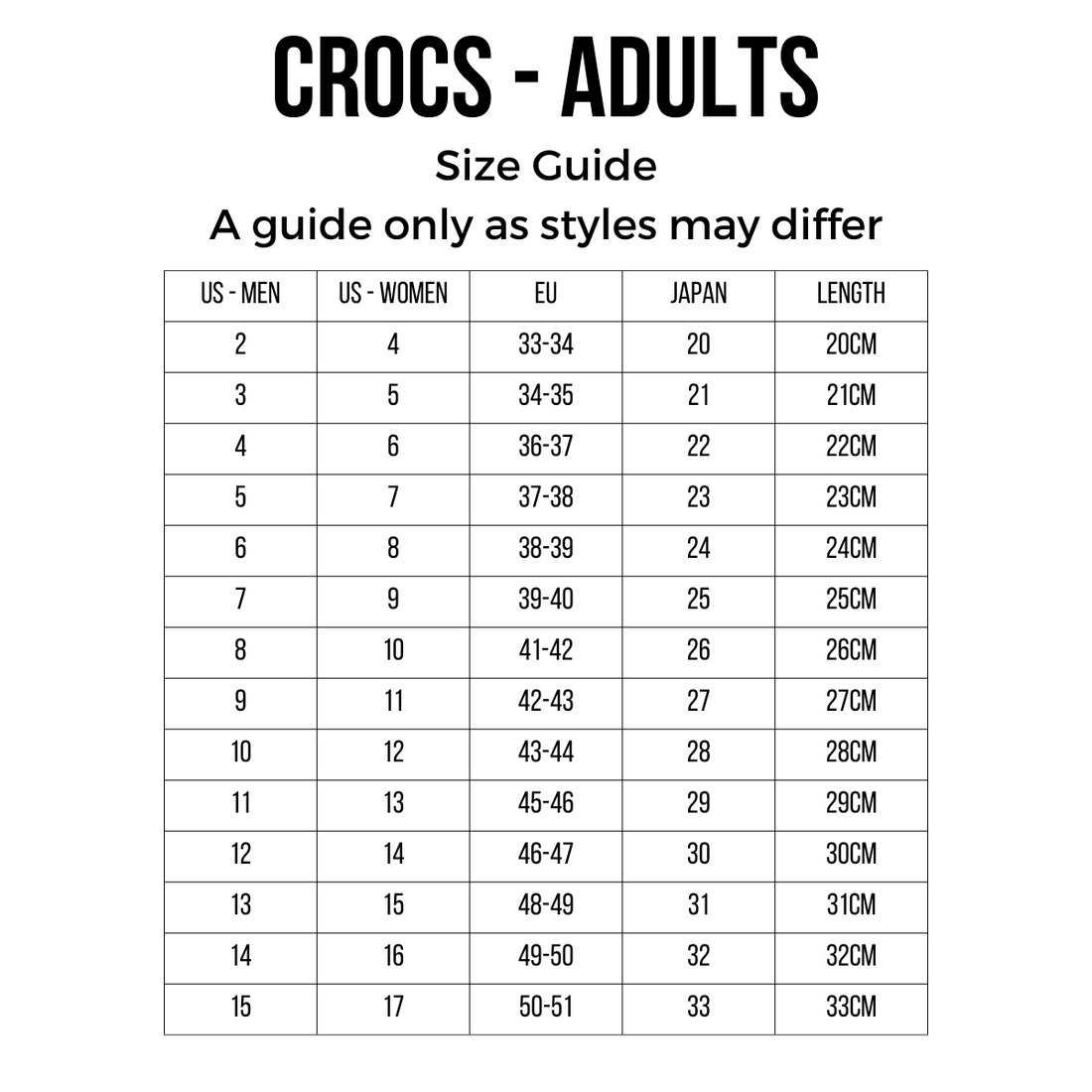 A Crocs size guide chart for the Adults Classic Enamel Buckle Clog Carbon Grey shows US men (4-15), US women (6-17), EU, Japan sizes, and shoe lengths in cm—ideal for finding your fit with its adjustable backstrap style., 51696, 198445415715, 198445415722