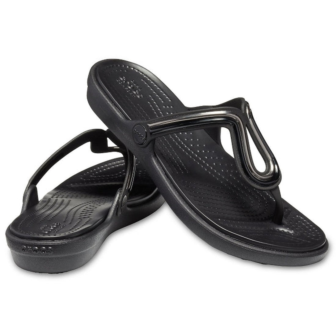 Crocs Sanrah Metalblock Flat Flip Jandal in black, comfy thong sandals with textured sole and shiny metallic strap, perfect for families.  ksnz