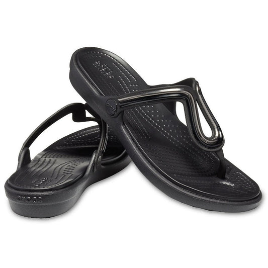 Crocs Sanrah Metalblock Flat Flip Jandal in black, comfy thong sandals with textured sole and shiny metallic strap, perfect for families.  ksnz