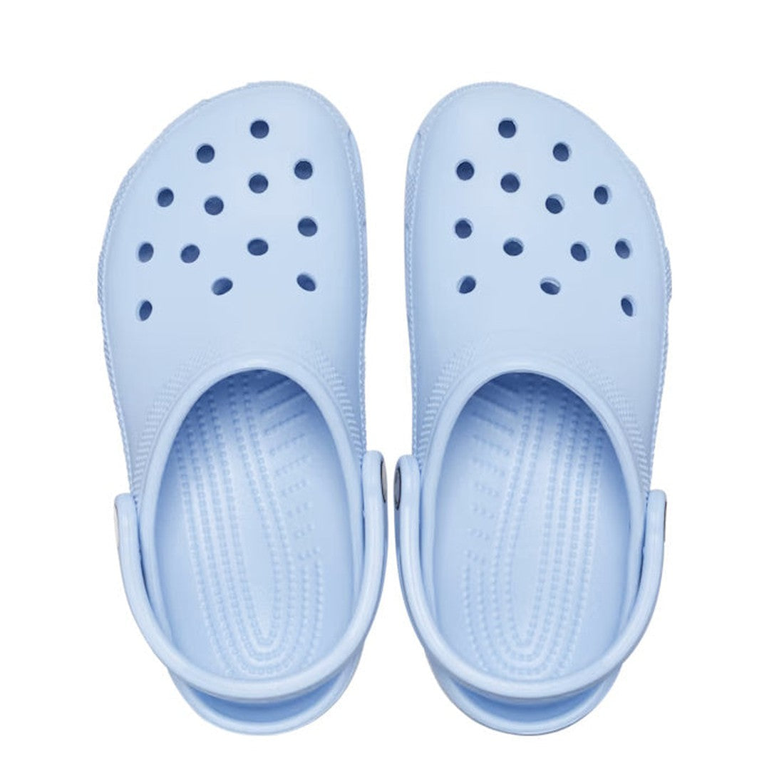 A pair of Crocs - Classic Clog Blue Calcite Adults with ventilation holes and adjustable heel straps, shown from above on a white background., 196265406951, 196265406968, 196265406975, 196265406982, 196265406999, 196265407002, 196265407019, 196265406869, 