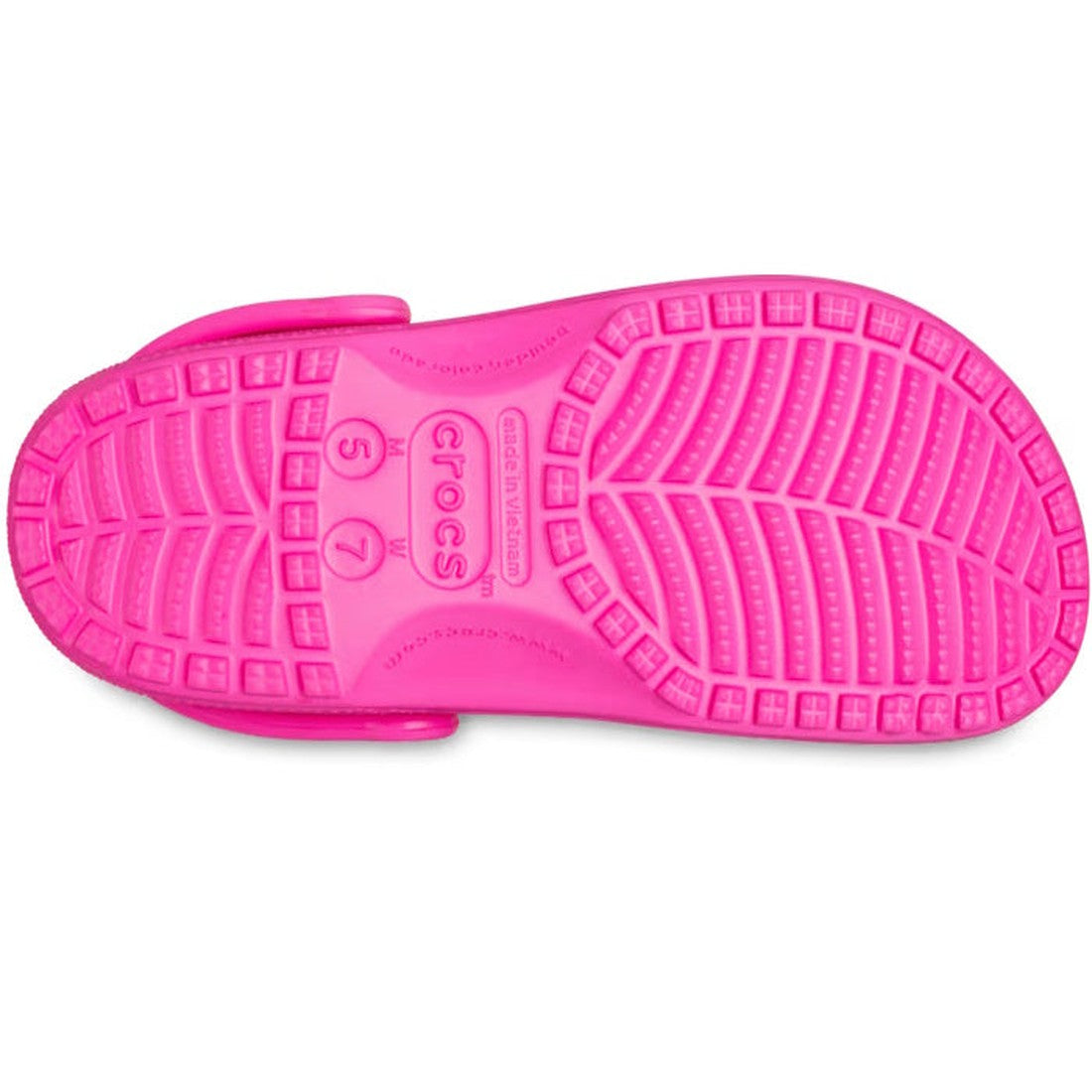 The Crocs - Classic Clog Pink Crush Adults is shown from the bottom, highlighting its textured sole with grip patterns, size markings 5 and 7, and the Crocs logo centered on this unisex summer shoe., 196265822904, 196265822911, 196265822928, 196265822935,