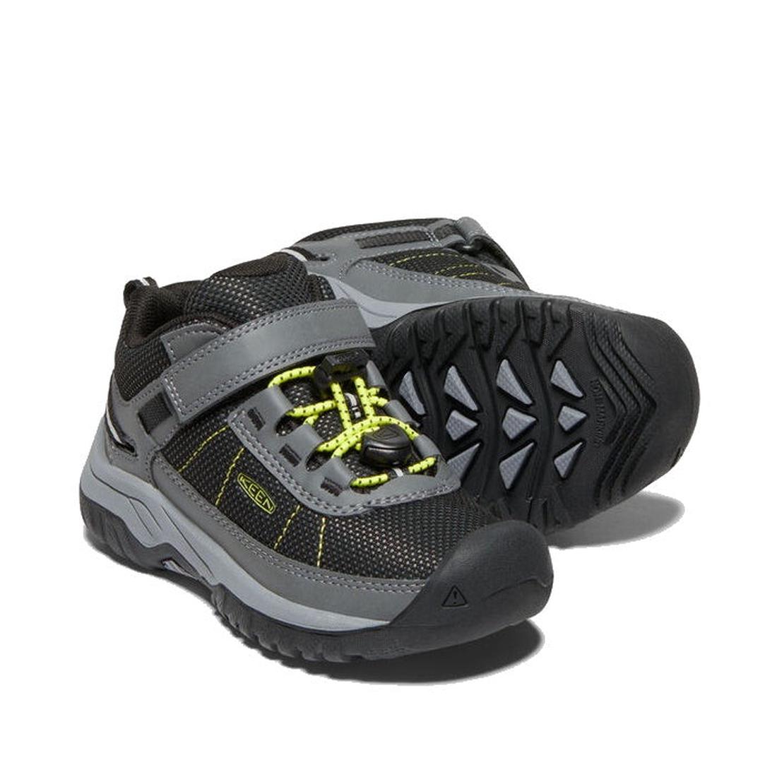 Keen Kids Targhee Sport Grey Toe Buffer sneakers in black and gray, with yellow details, comfy cushioning, flexible sole, easy strap.  ksnz