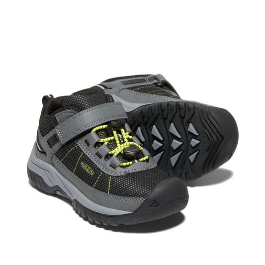 Keen Kids Targhee Sport Grey Toe Buffer sneakers in black and gray, with yellow details, comfy cushioning, flexible sole, easy strap.  ksnz